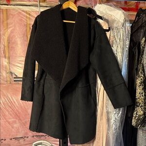 Mendocino Black Faux Shearling Open-Front Teddy Coat